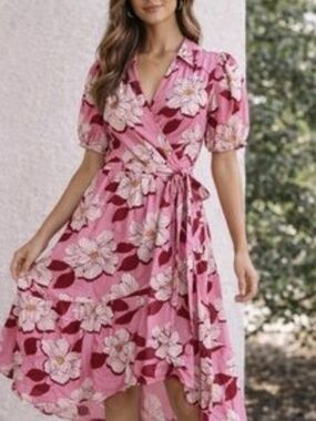 Draper James Pink Floral High-Low Wrap Dress Size L